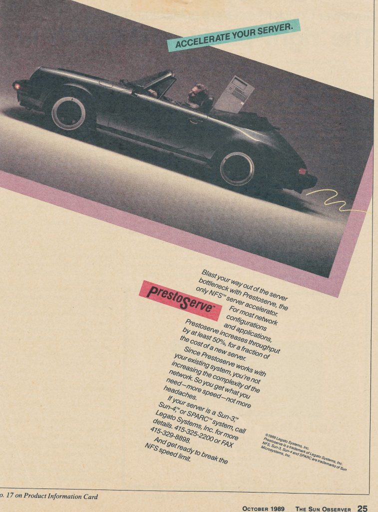 Prestoserve ad showing a fast car and the words "Accelerate Your Server"